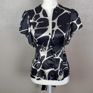 BCBGMaxAzria Black/White Flutter Sleeve Low-Cut Blouse w/Waist Tie S